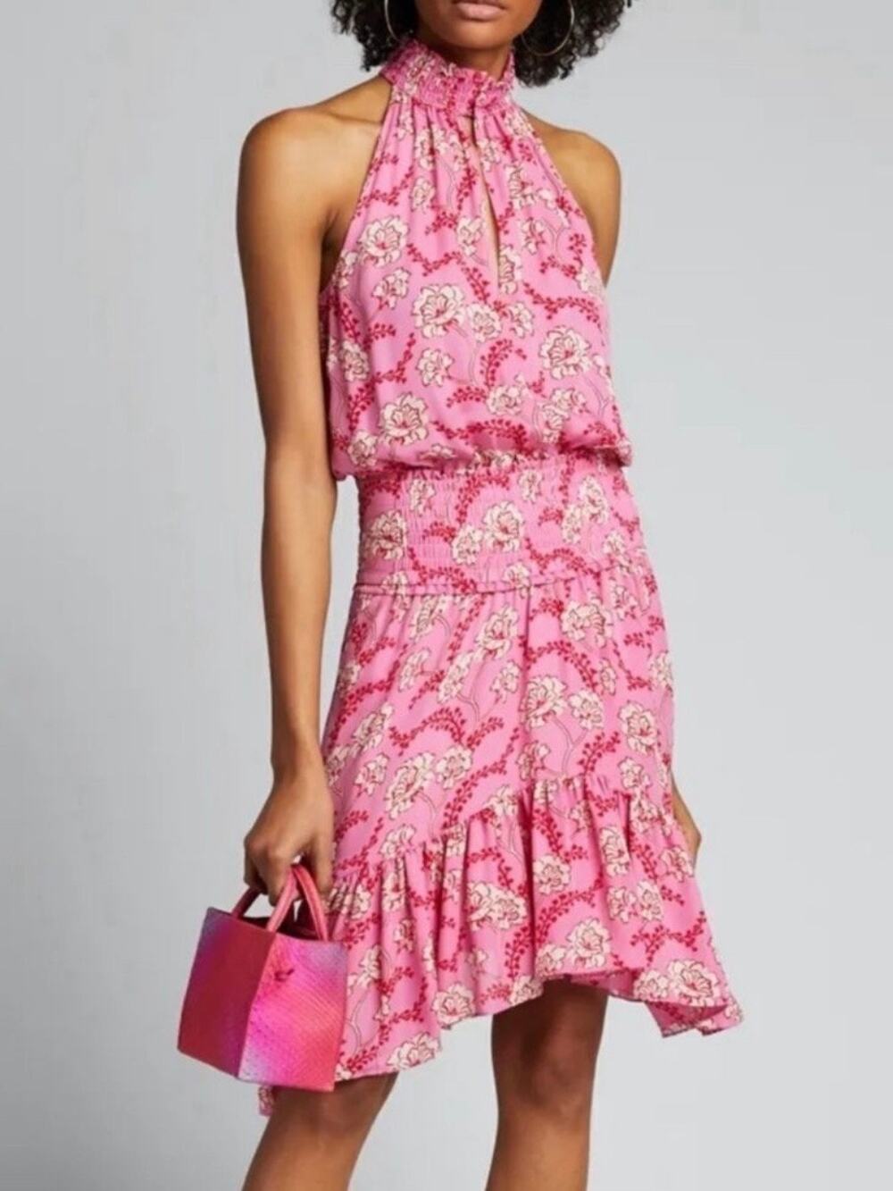 A.L.C Dress Sz 0 Silk Pink Floral Short Smocked Cody Sleeveless Garden
